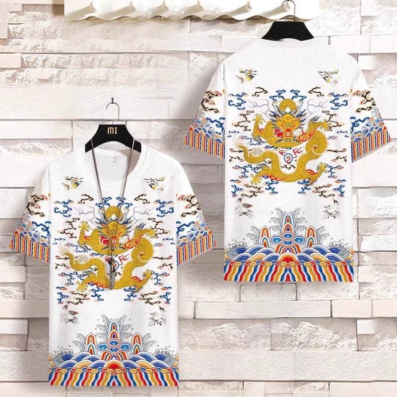 Chinese style Qing Dynasty official service emperor yellow horse gown dragon robe, clothes costume men's summer 3D short -sleeved T -shirt large size vest