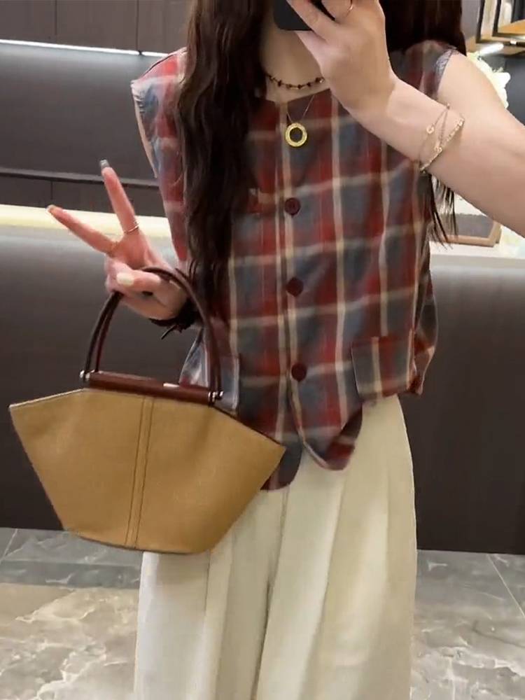 Color grid -colored shoulder vest female model 2024 new summer thin single buckle sleeveless pony clip vest top