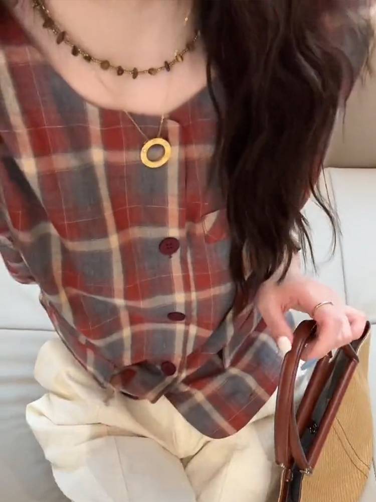 Color grid -colored shoulder vest female model 2024 new summer thin single buckle sleeveless pony clip vest top