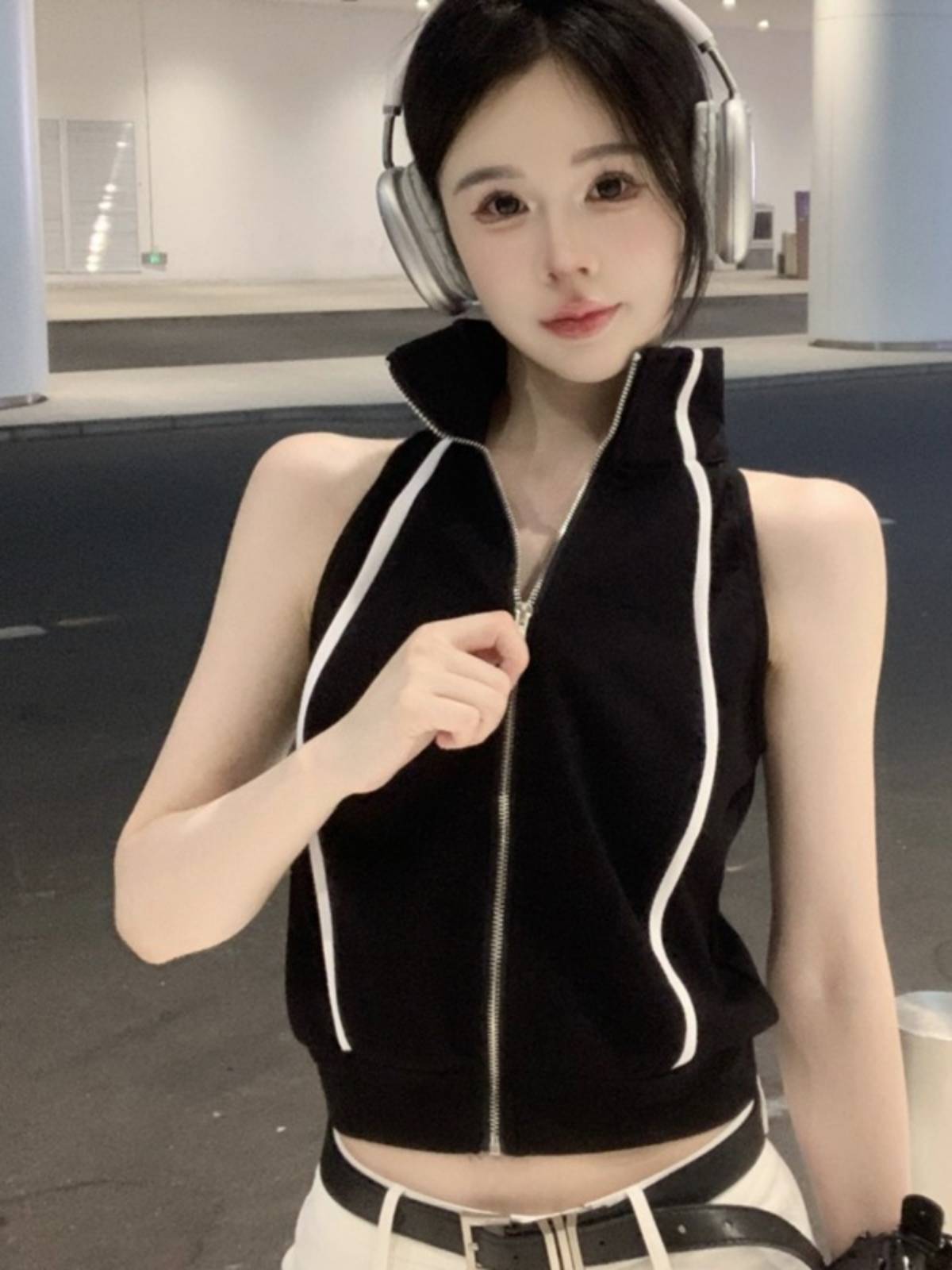 Summer American retro black zipper sleeveless vest POLO shirt female sweet hot girl short vest jacket top