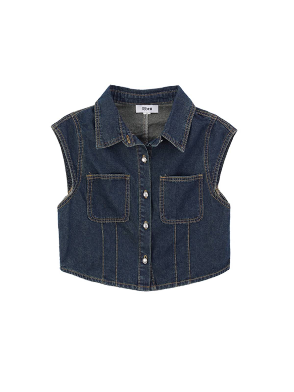 Manman American retro temperament denim cardigan short -sleeved vest female summer niche design sense sleeveless jacket top