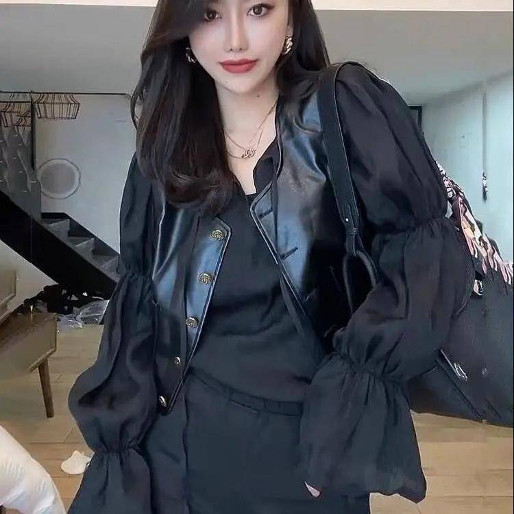 2024 Autumn New Short Vest vest Jacket Female Top Single Dedication PU Pima Clip Trend Vocket Hollow