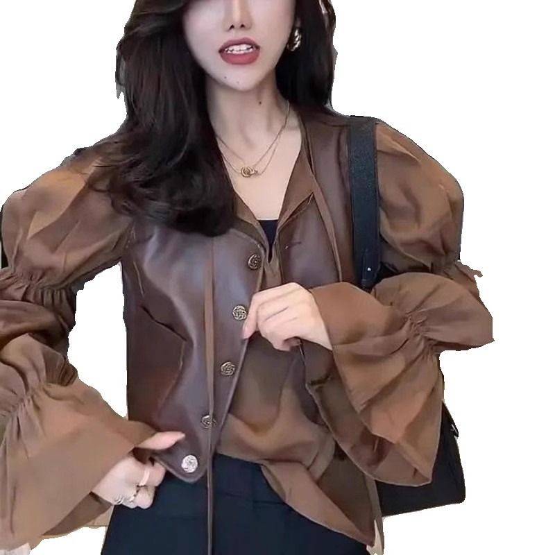 2024 Autumn New Short Vest vest Jacket Female Top Single Dedication PU Pima Clip Trend Vocket Hollow