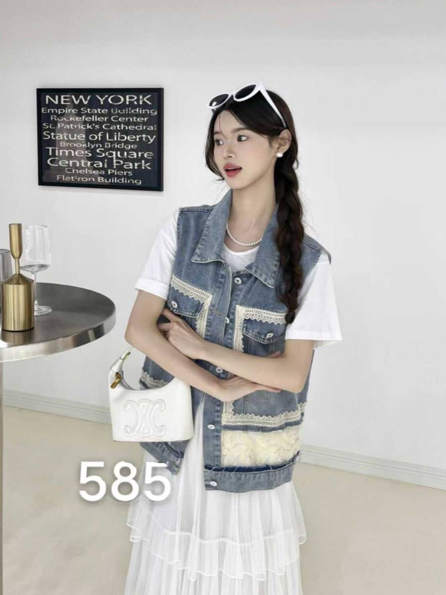 Meisu 585 lace stitching heavy workers denim vest vest 2024 spring fashion versatile thin jacket tide