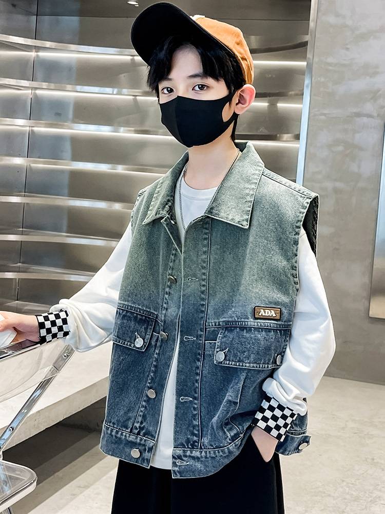 Children's denim vest children's clothing jacket spring and autumn boys vest Autumn 2024 new boy horse clip shoulder top