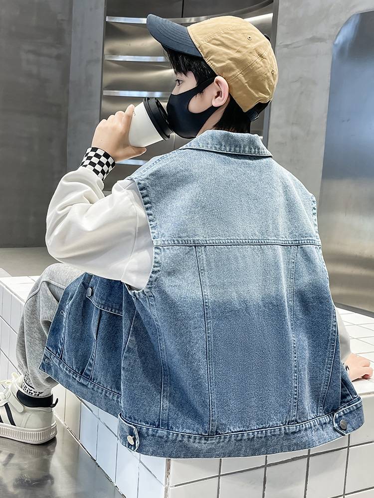 Children's denim vest children's clothing jacket spring and autumn boys vest Autumn 2024 new boy horse clip shoulder top