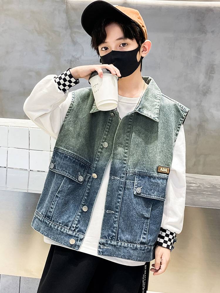 Children's denim vest children's clothing jacket spring and autumn boys vest Autumn 2024 new boy horse clip shoulder top