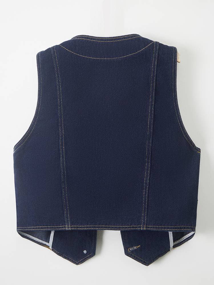 European cargo V -neck deep blue denim vest female spring and summer 2024 new short sleeveless vest jacket