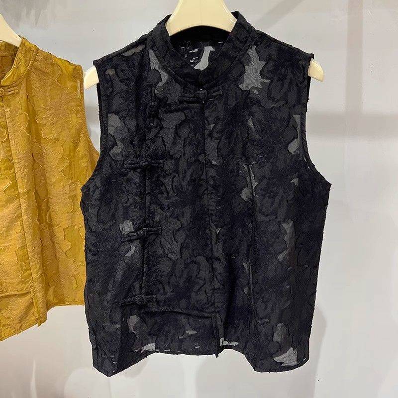 New Chinese retro fashion plate buckle sleeveless stand -up shirt Female summer new loose and thin vest jacket