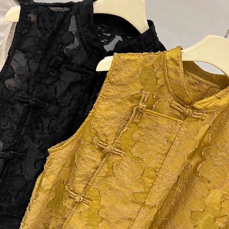 New Chinese retro fashion plate buckle sleeveless stand -up shirt Female summer new loose and thin vest jacket