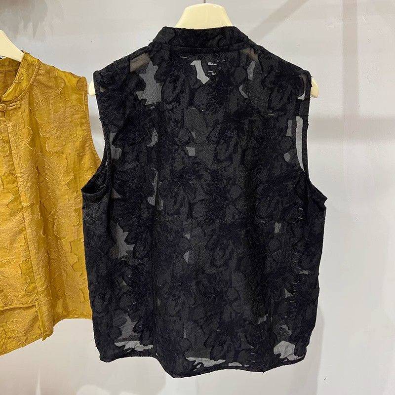 New Chinese retro fashion plate buckle sleeveless stand -up shirt Female summer new loose and thin vest jacket