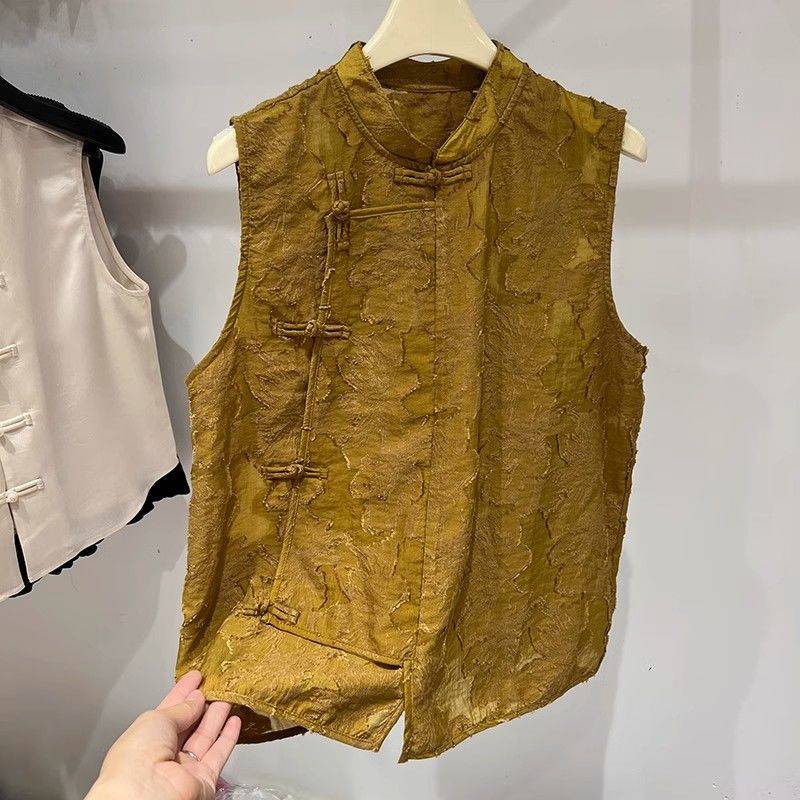 New Chinese retro fashion plate buckle sleeveless stand -up shirt Female summer new loose and thin vest jacket