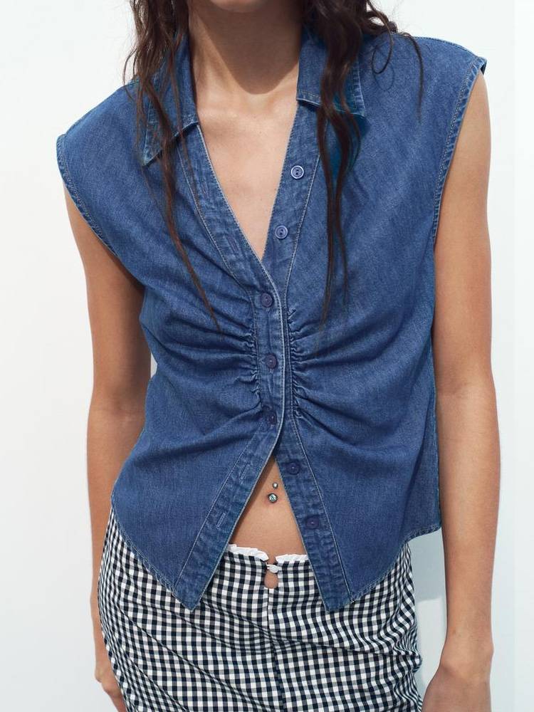 ZARA sleeveless denim shirt women summer thin top retro shirt vest vest vest tide 6929015 400
