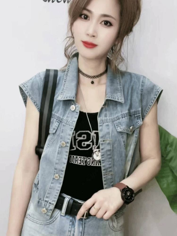 Denim short -sleeved vest vest female 2024 summer new small, fashionable loose flying sleeve sleeve shoulder jacket top