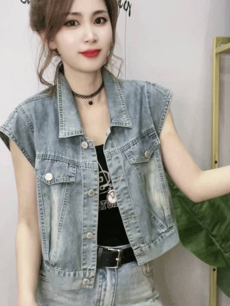 Denim short -sleeved vest vest female 2024 summer new small, fashionable loose flying sleeve sleeve shoulder jacket top