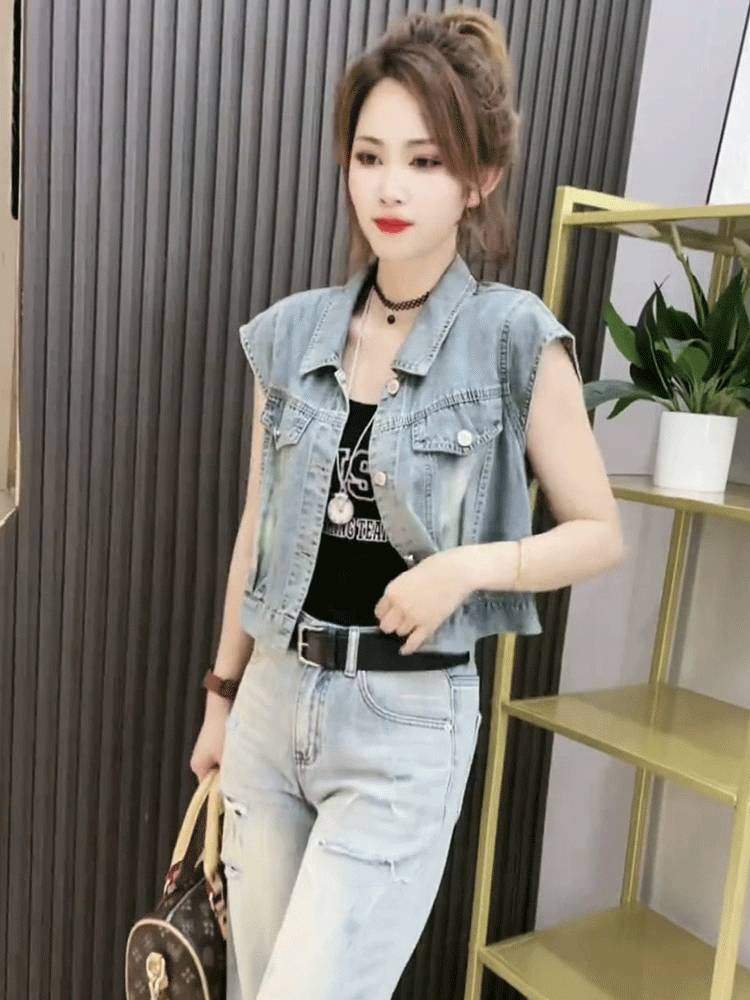 Denim short -sleeved vest vest female 2024 summer new small, fashionable loose flying sleeve sleeve shoulder jacket top