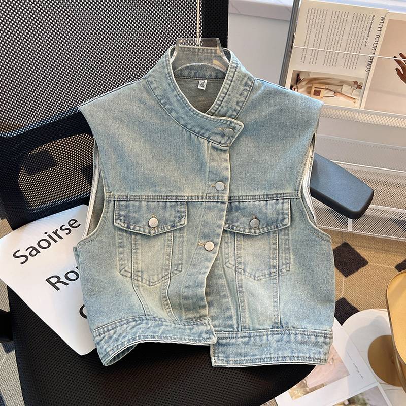 Fashionable foreign style, European Short model, fashion denim horses, female summer 2024 new thin vest, shoulder burst vest