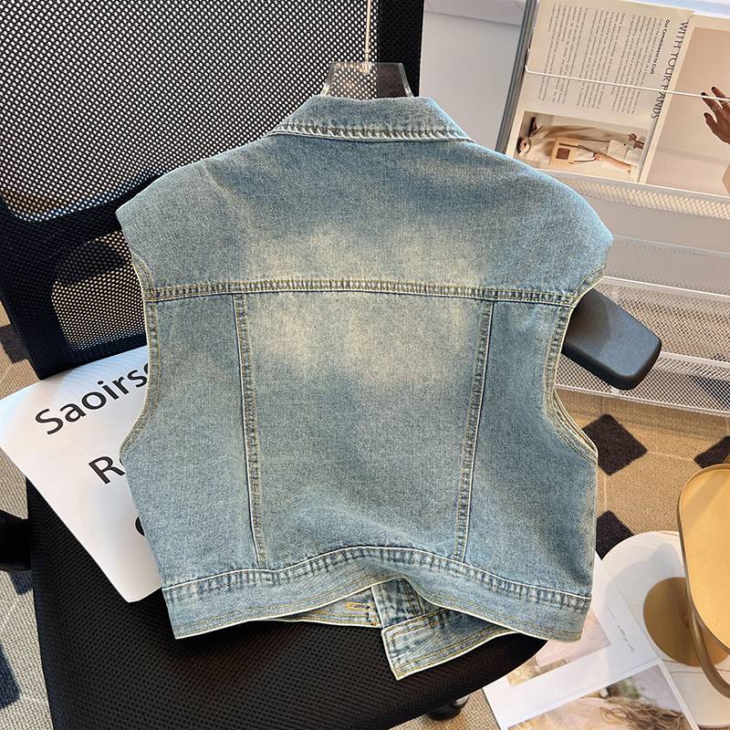 Fashionable foreign style, European Short model, fashion denim horses, female summer 2024 new thin vest, shoulder burst vest