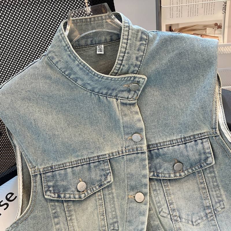 Fashionable foreign style, European Short model, fashion denim horses, female summer 2024 new thin vest, shoulder burst vest