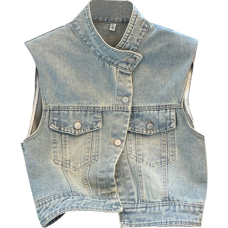 Fashionable foreign style, European Short model, fashion denim horses, female summer 2024 new thin vest, shoulder burst vest