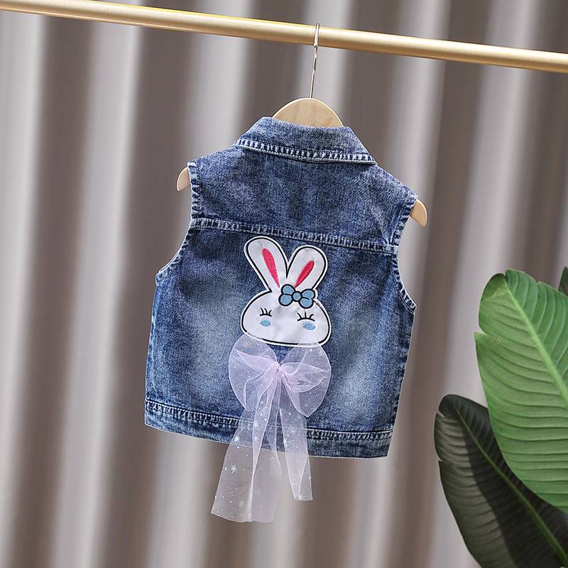 Chinese style embroidery girl vest vest, foreign style spring, young and small juvenile denim horses, spring and autumn children's vest, baby hurried shoulders
