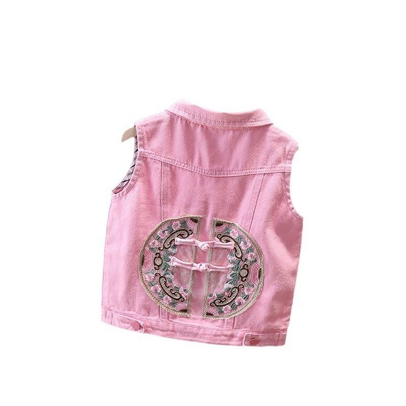 Chinese style embroidery girl vest vest, foreign style spring, young and small juvenile denim horses, spring and autumn children's vest, baby hurried shoulders