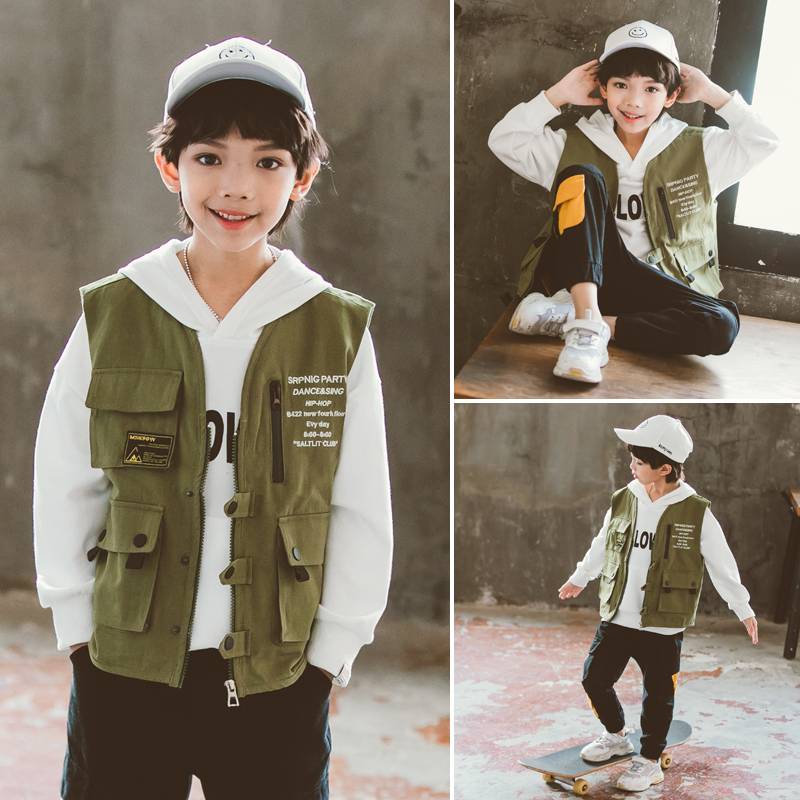 Boysgie Workers' Wind vest Spring and Autumn 2024 New autumn children's foreign vest, vest, shoulder, shoulder child jacket handsome