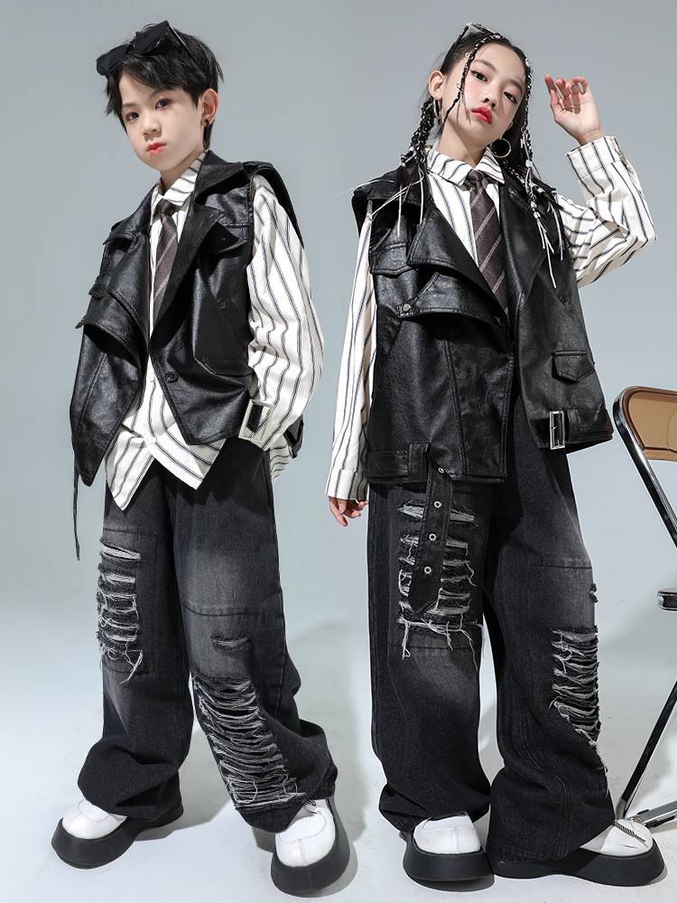 Street-dancing children's leather jackets, boys and girls, hip-hops, black-skin pony-tomers, troupe-show