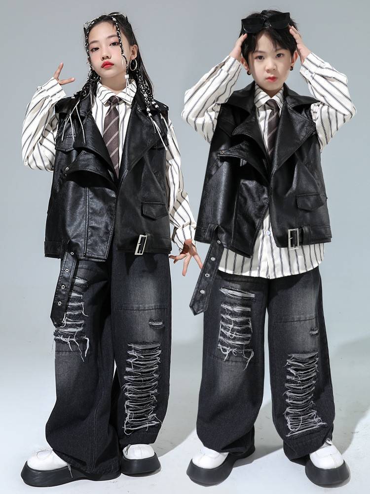 Street-dancing children's leather jackets, boys and girls, hip-hops, black-skin pony-tomers, troupe-show