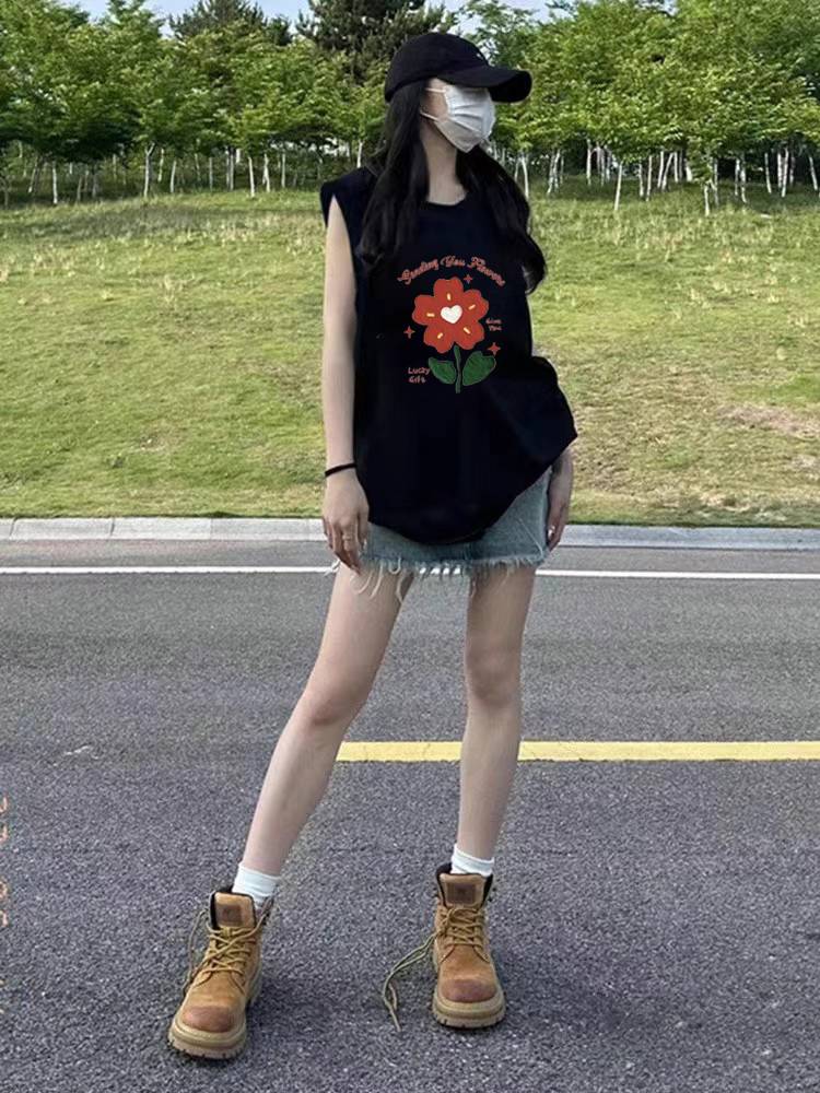 Black flower vests, 2024 new, loose junior high school high school, kam-American sleeveless