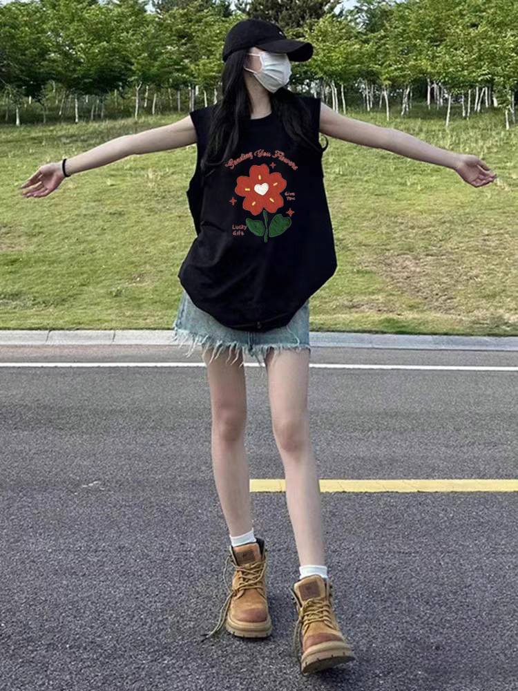 Black flower vests, 2024 new, loose junior high school high school, kam-American sleeveless