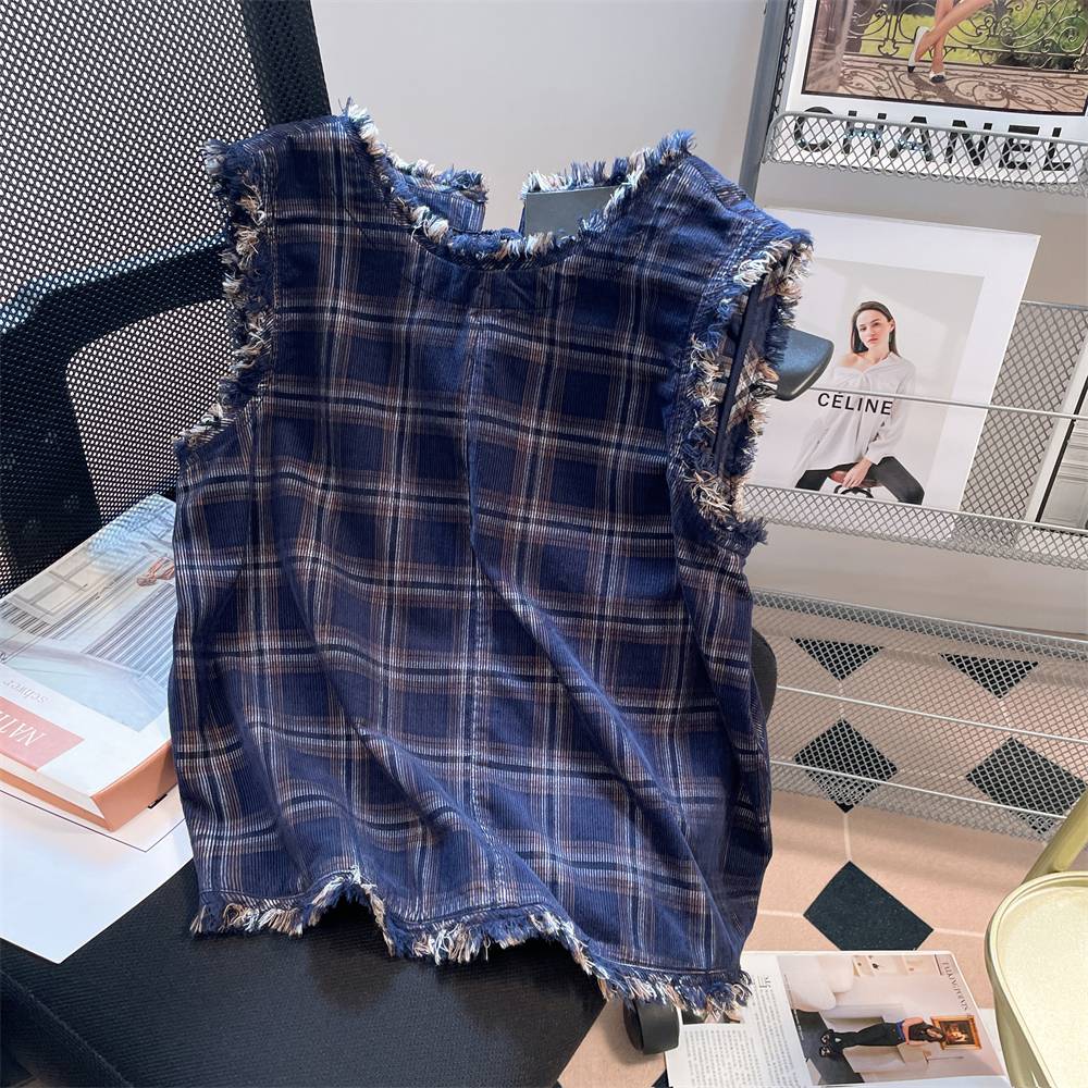 Japanese retro contrast lattice wool edge sleeveless vest top, men and women in summer niche wearing vest t -shirts