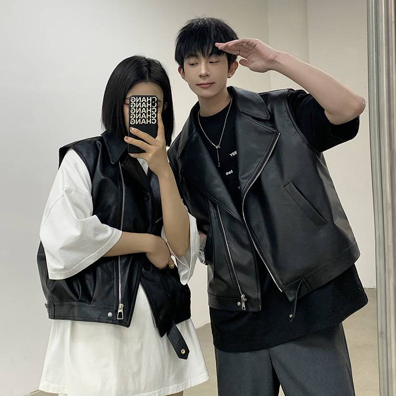 V -neck large lapel short leather vest spring and autumn design sensor and car handsome men's pnetes outer jacket couple