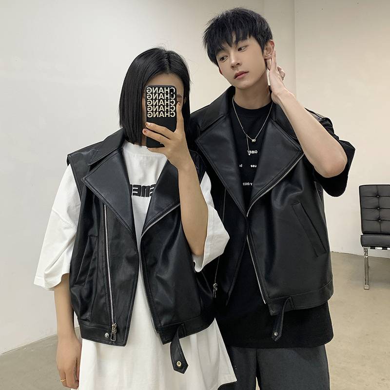 V -neck large lapel short leather vest spring and autumn design sensor and car handsome men's pnetes outer jacket couple