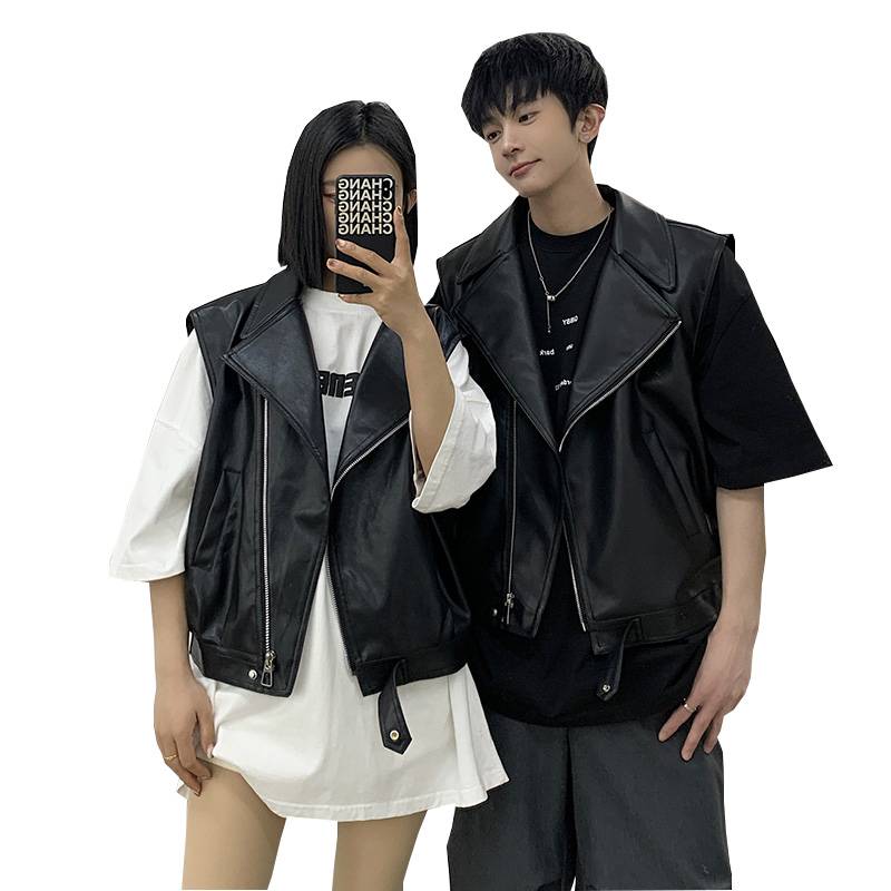 V -neck large lapel short leather vest spring and autumn design sensor and car handsome men's pnetes outer jacket couple