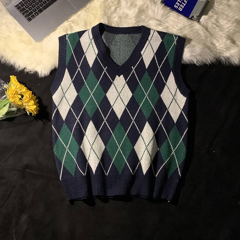 2024 spring and autumn diamond -shaped grid -shoulder knit vest men and women loose kravis retro wearing sleeveless sweater vest