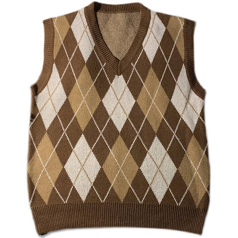 2024 spring and autumn diamond -shaped grid -shoulder knit vest men and women loose kravis retro wearing sleeveless sweater vest