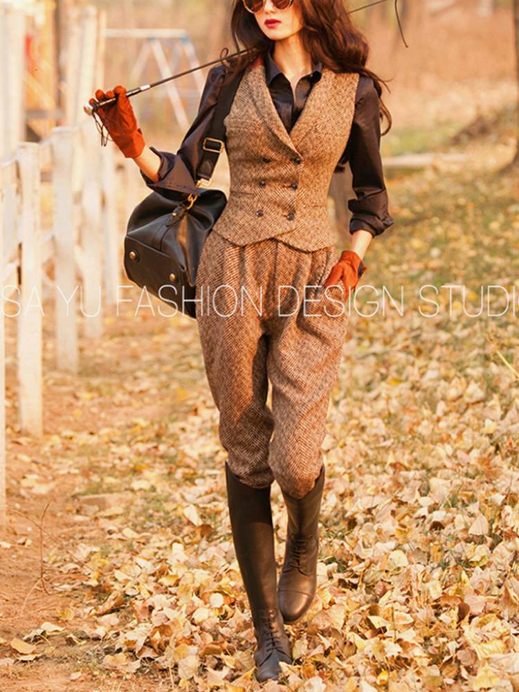 Lisayu new original retro wool double buckle waist slim slim stitching horse -up suits suits