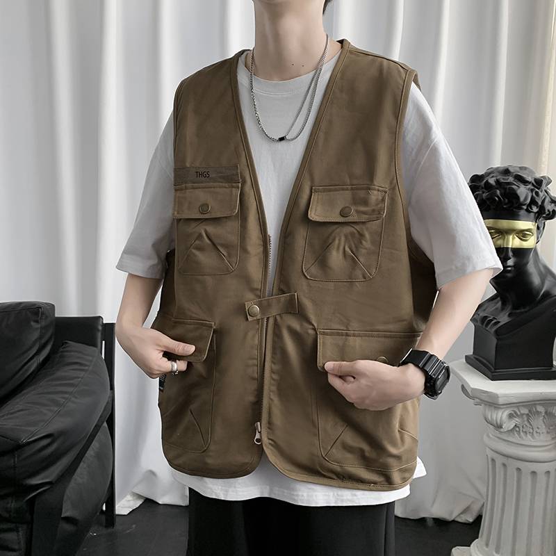 Japanese multi -pocket worker vest men's summer tide brand loose shoulder shirt ins, handsome casual vest jacket