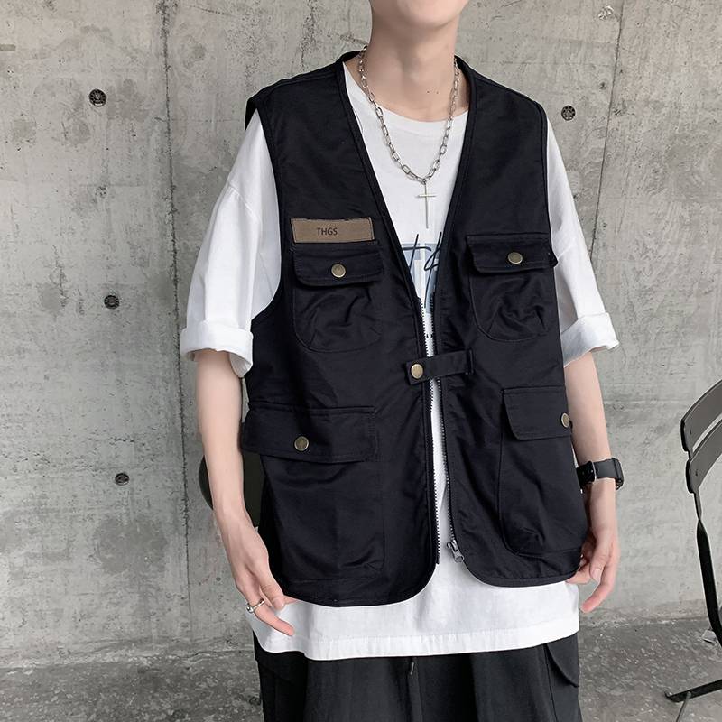 Japanese multi -pocket worker vest men's summer tide brand loose shoulder shirt ins, handsome casual vest jacket