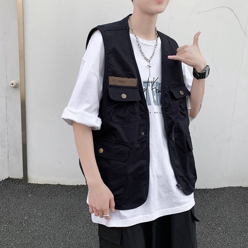 Japanese multi -pocket worker vest men's summer tide brand loose shoulder shirt ins, handsome casual vest jacket