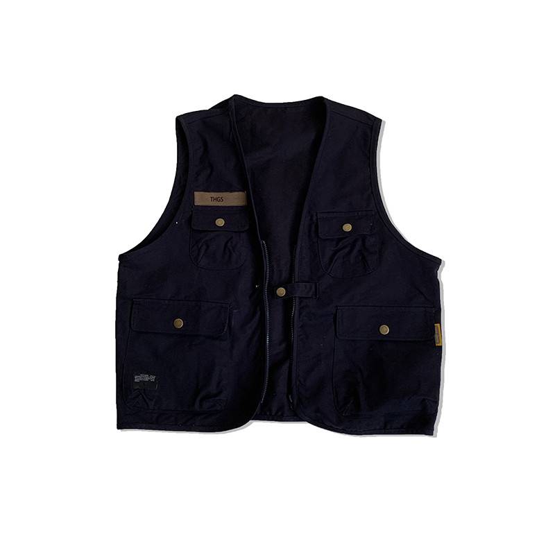 Japanese multi -pocket worker vest men's summer tide brand loose shoulder shirt ins, handsome casual vest jacket