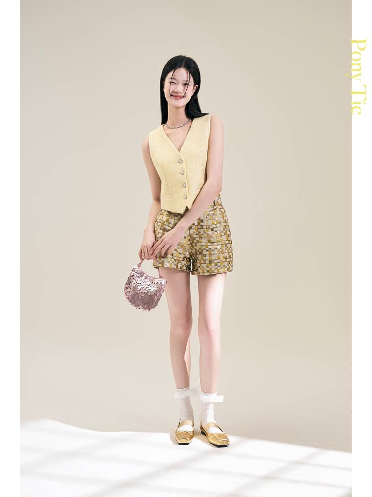 Ponytie custom sequin fabric romantic tender yellow incense vest design sensation sleeveless vest top