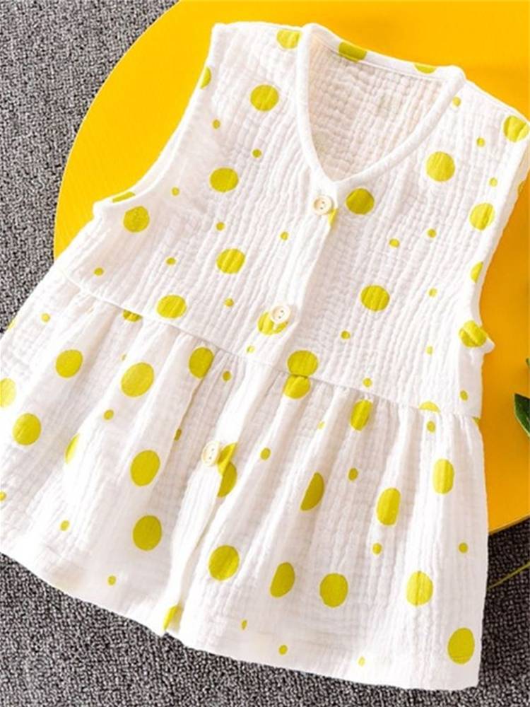 Baby baby summer cotton and linen vest girl gauze wave dot sleeveless top, child summer cardigan vest