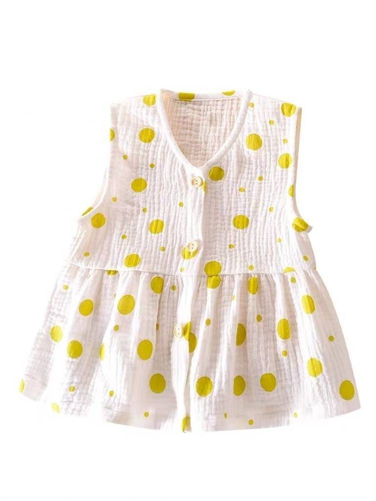 Baby baby summer cotton and linen vest girl gauze wave dot sleeveless top, child summer cardigan vest