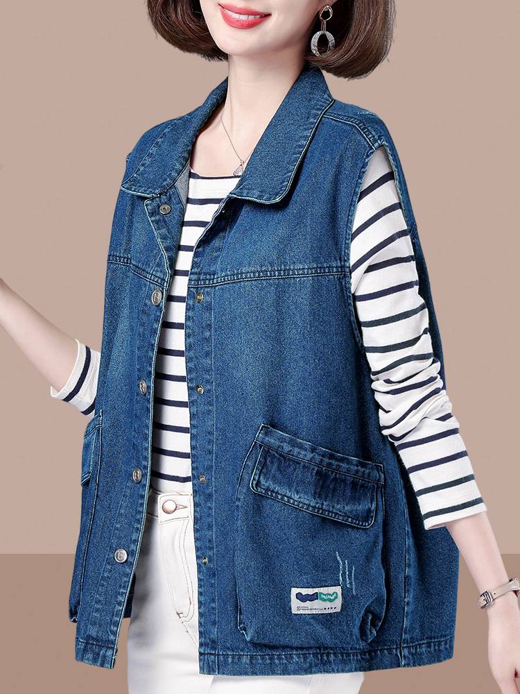 Denim vest female spring and autumn thin model 2024 new middle -aged mother coat, shoulder vest horses horses horses coat jacket