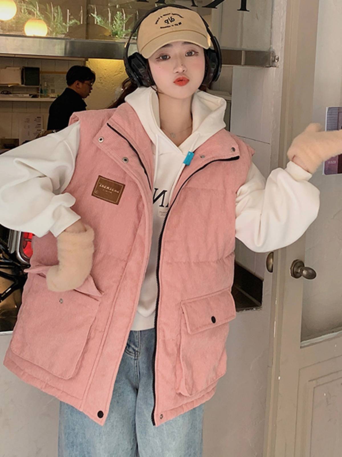 Large -size cotton cotton jacket cotton worker vest female autumn and winter slightly fat MM loose shoulder coat thickened sleeveless top