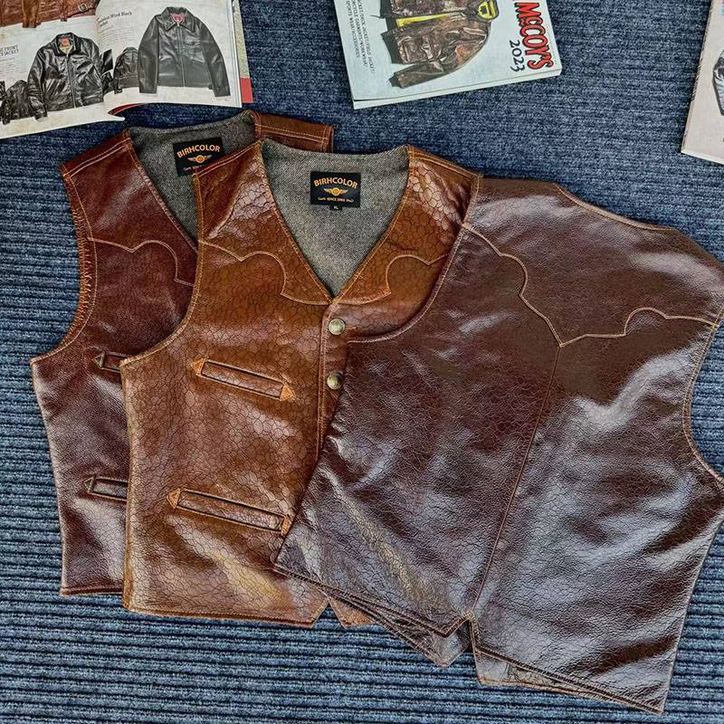 Re -engraving RRL Western leather vest leather handmade cracks, cracked head layer cowhide leather clothes male V -neck vest vest