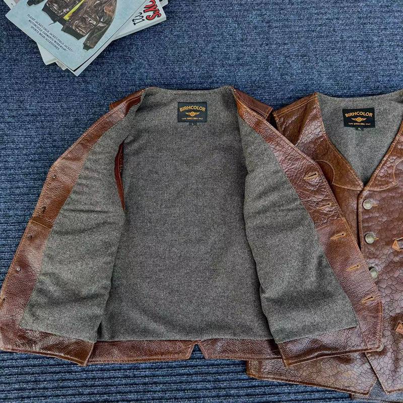 Re -engraving RRL Western leather vest leather handmade cracks, cracked head layer cowhide leather clothes male V -neck vest vest