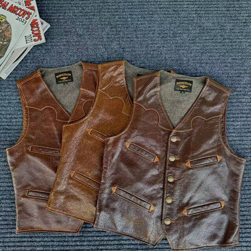 Re -engraving RRL Western leather vest leather handmade cracks, cracked head layer cowhide leather clothes male V -neck vest vest